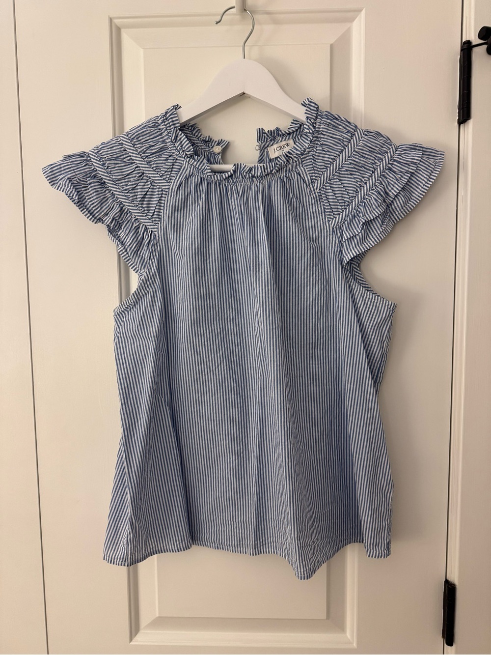 J. Crew Blue and White Pinstripe Ruffle Sleeve Top